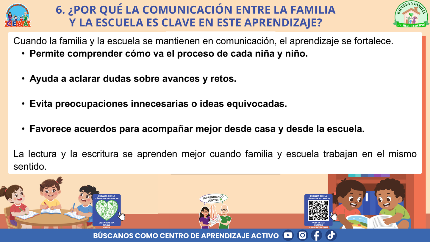 ESCUELA Y FAMILIA: ¿CÓMO APRENDEN A LEER Y A ESCRIBIR MIS HIJAS E HIJOS EN LA ESCUELA? (Editable en PowerPoint)