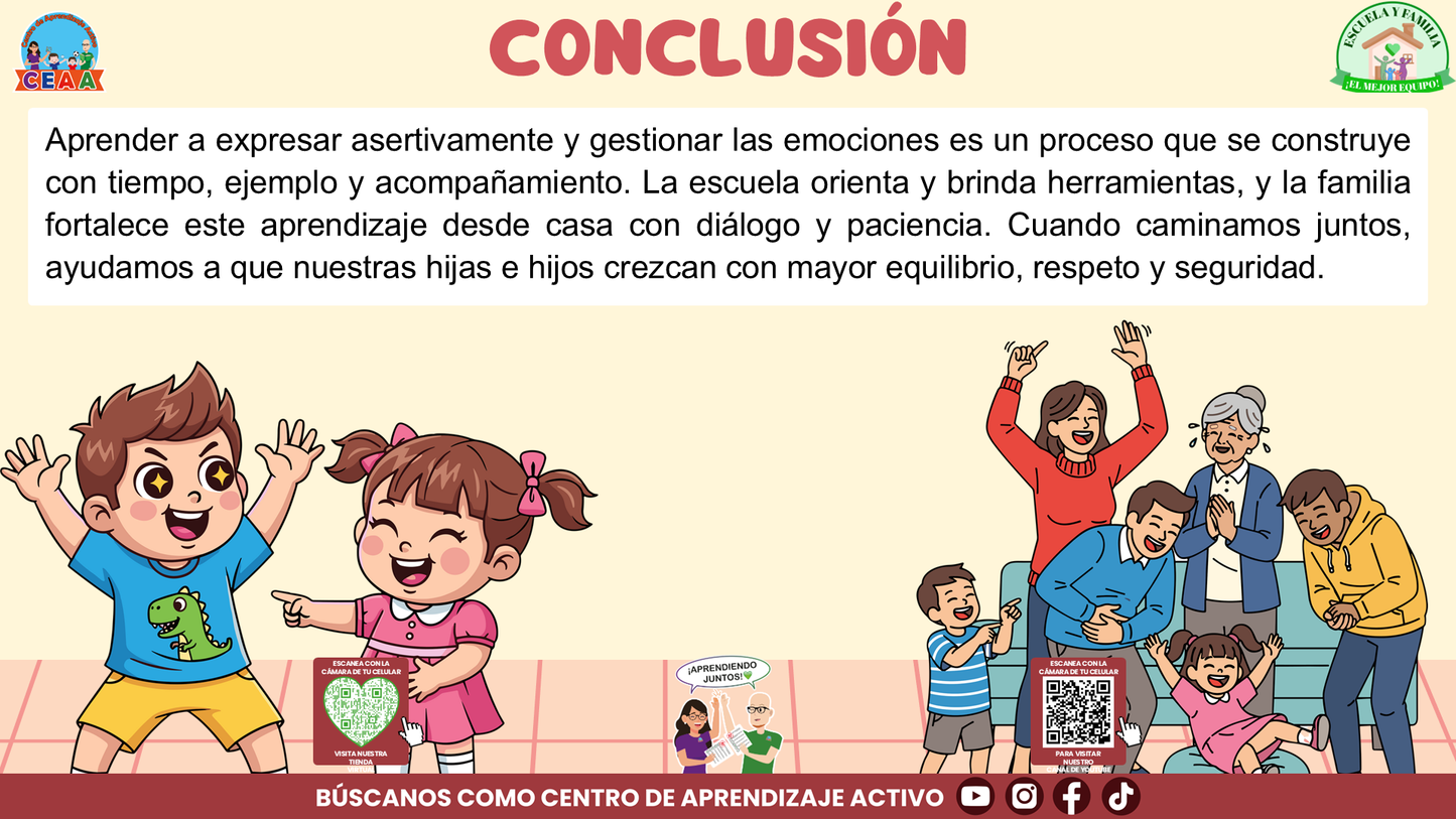 ESCUELA Y FAMILIA: ¿Cómo enseñar a nuestras hijas e hijos a expresar asertivamente y gestionar sus emociones? Editable en PowerPoint