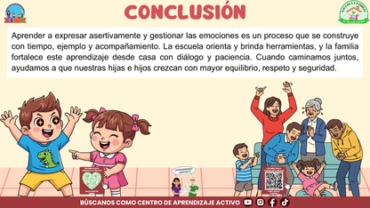 ESCUELA Y FAMILIA: ¿Cómo enseñar a nuestras hijas e hijos a expresar asertivamente y gestionar sus emociones? Editable en PowerPoint