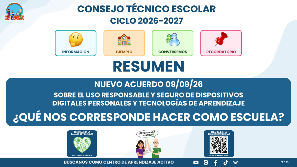 Resumen CTE Sesión 1 Tema: NUEVO ACUERDO 09/09/26 SOBRE EL USO RESPONSABLE Y SEGURO DE DISPOSITIVOS DIGITALES PERSONALES Y TECNOLOGÍAS DE APRENDIZAJE ¿QUÉ NOS CORRESPONDE HACER COMO ESCUELA? editable en PowerPoint