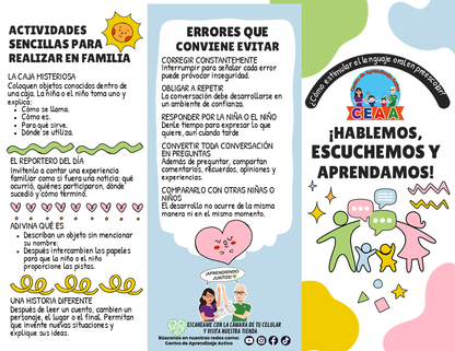 Tríptico - ¡HABLEMOS, ESCUCHEMOS Y APRENDAMOS! ¿Cómo estimular el lenguaje oral en preescolar? editable en PowerPoint