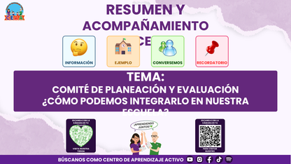 RESUMEN Y ACOMPAÑAMIENTO DOCENTE TEMA: COMITÉ DE PLANEACIÓN Y EVALUACIÓN ¿CÓMO PODEMOS INTEGRARLO EN NUESTRA ESCUELA? Editable en PowerPoint