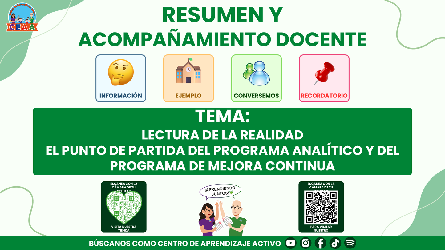 RESUMEN Y ACOMPAÑAMIENTO DOCENTE TEMA: LECTURA DE LA REALIDAD EL PUNTO DE PARTIDA DEL PROGRAMA ANALÍTICO Y DEL PROGRAMA DE MEJORA CONTINUA Editable en PowerPoint