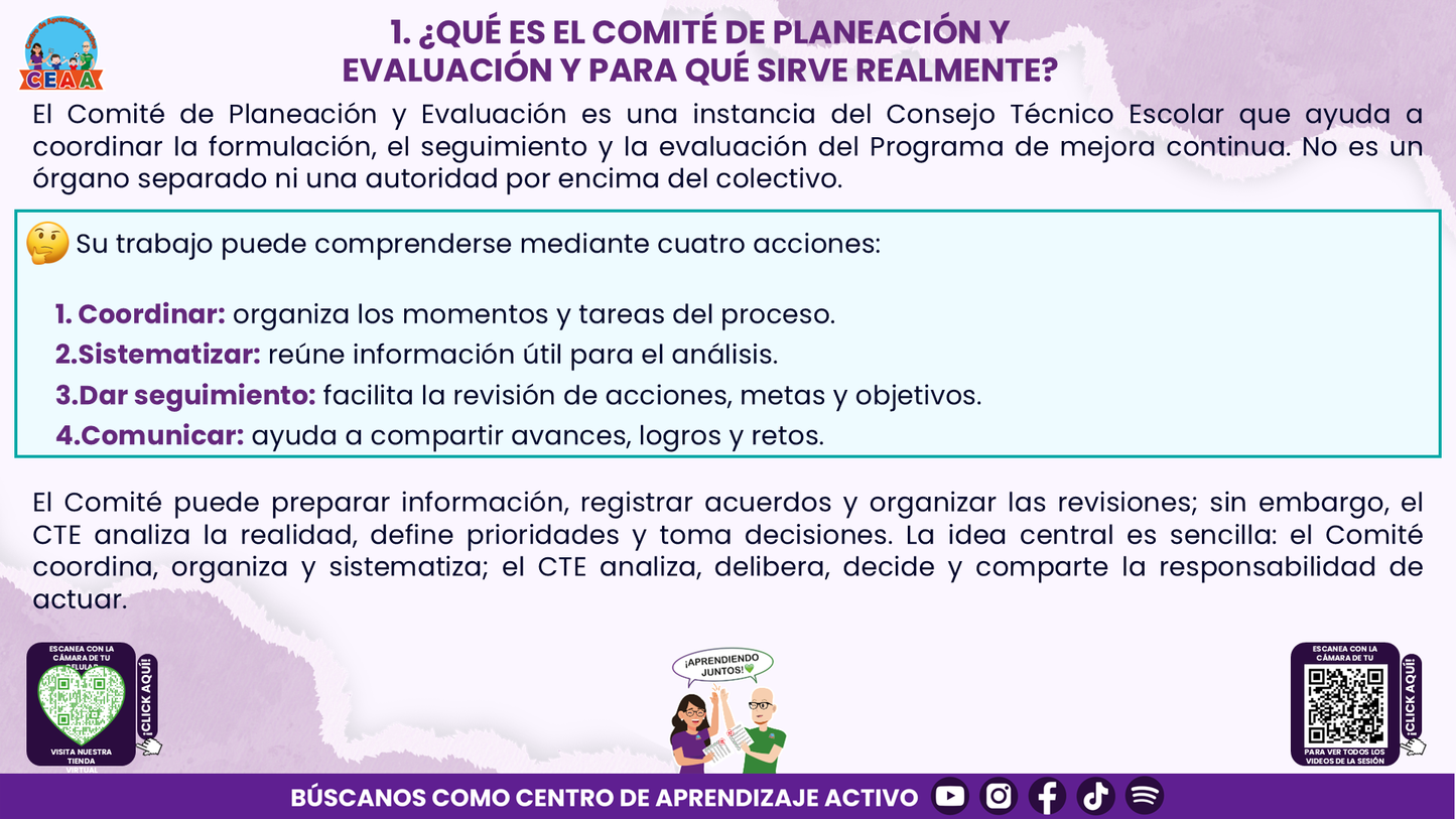 RESUMEN Y ACOMPAÑAMIENTO DOCENTE TEMA: COMITÉ DE PLANEACIÓN Y EVALUACIÓN ¿CÓMO PODEMOS INTEGRARLO EN NUESTRA ESCUELA? Editable en PowerPoint