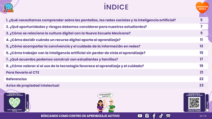 Resumen CTE del Tema 4 Educación Básica: PANTALLAS, REDES SOCIALES E INTELIGENCIA ARTIFICIAL ¿CÓMO ACOMPAÑAR UN USO CRÍTICO, SEGURO Y CON SENTIDO PARA APRENDER? editable en PowerPoint