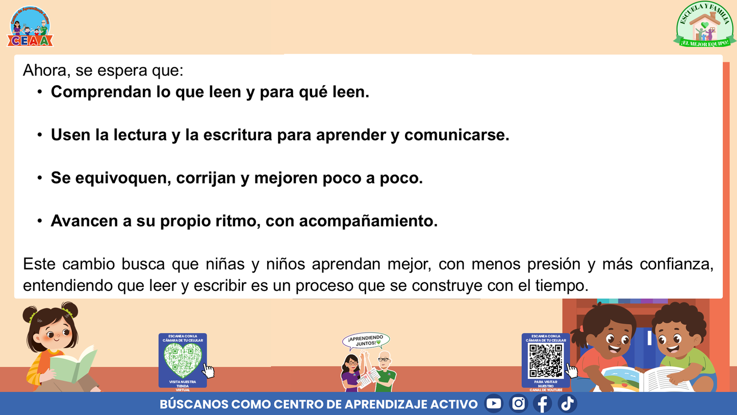 ESCUELA Y FAMILIA: ¿CÓMO APRENDEN A LEER Y A ESCRIBIR MIS HIJAS E HIJOS EN LA ESCUELA? (Editable en PowerPoint)