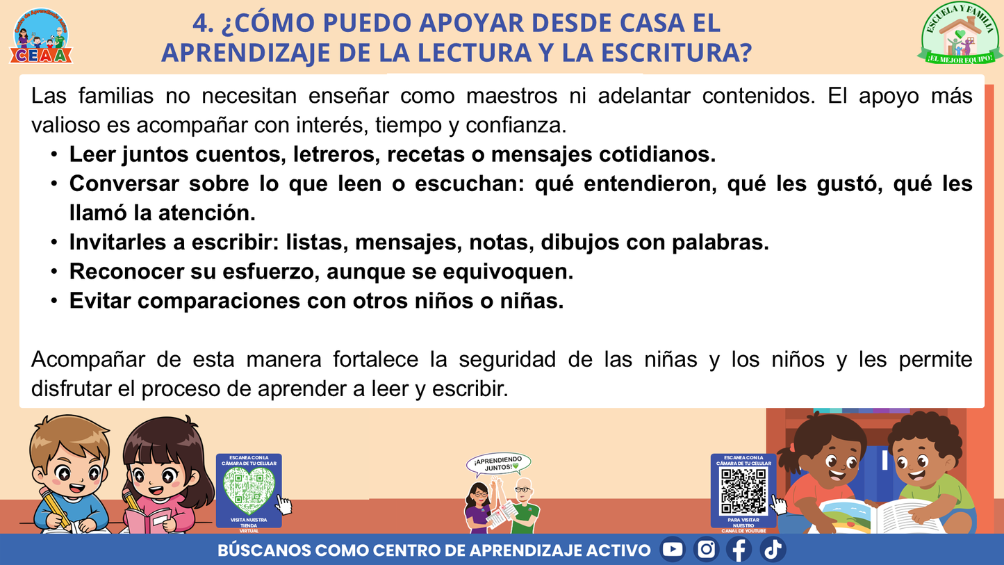 ESCUELA Y FAMILIA: ¿CÓMO APRENDEN A LEER Y A ESCRIBIR MIS HIJAS E HIJOS EN LA ESCUELA? (Editable en PowerPoint)