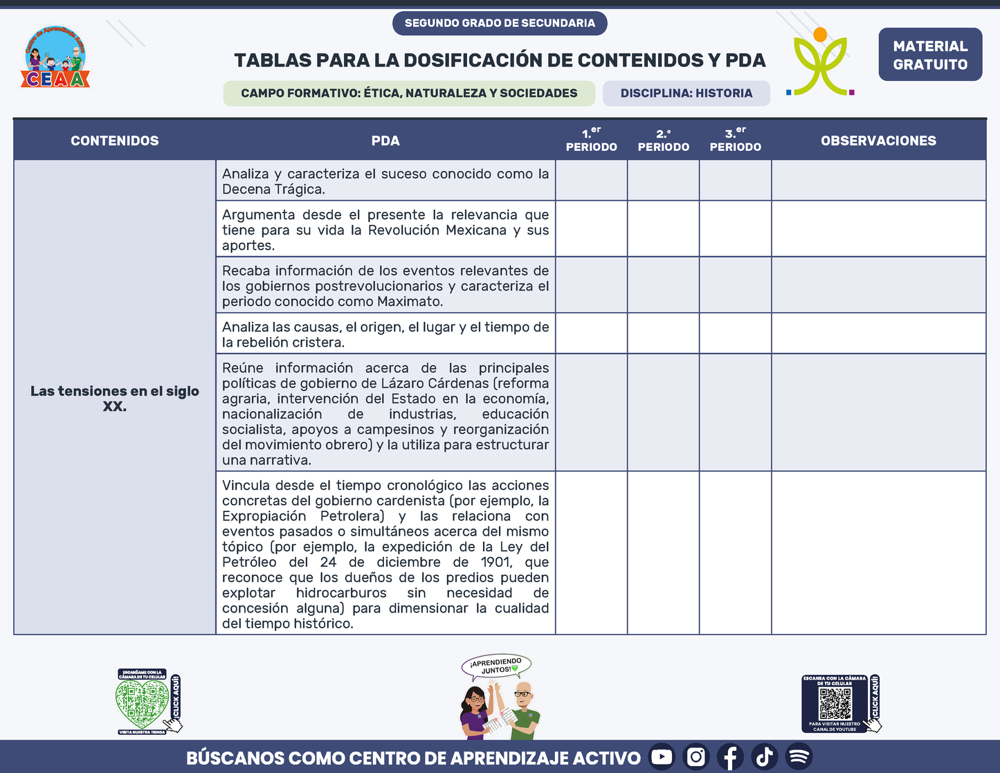 Tablas para la Dosificación de Contenidos y PDA por Campo Formativo - Segundo Grado Secundaria en PDF