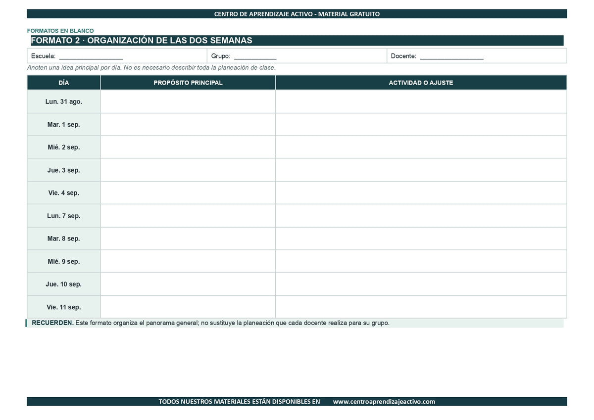 EJEMPLO Plan Escolar Primeras dos Semanas  Ciclo Escolar 2026 2027 en pdf