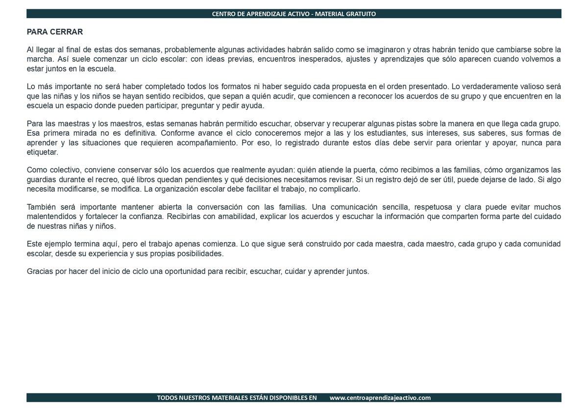 EJEMPLO Plan Escolar Primeras dos Semanas  Ciclo Escolar 2026 2027 en pdf