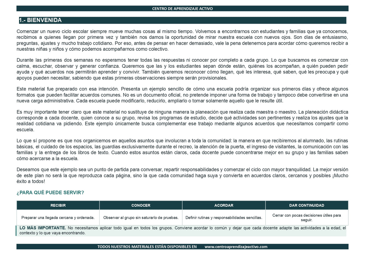 EJEMPLO Plan Escolar Primeras dos Semanas Ciclo Escolar 2026 2027 ✏️EDITABLE en word (🎁De regalo en la Membresía Anual y en el Paquete Completo 1° Sesón CTE)