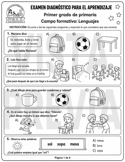 Examen Diagnóstico 1° Grado de Primaria en PDF