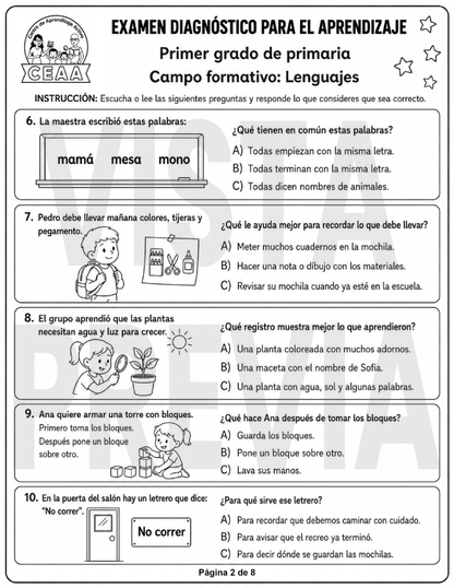 Examen Diagnóstico 1° Grado de Primaria en PDF