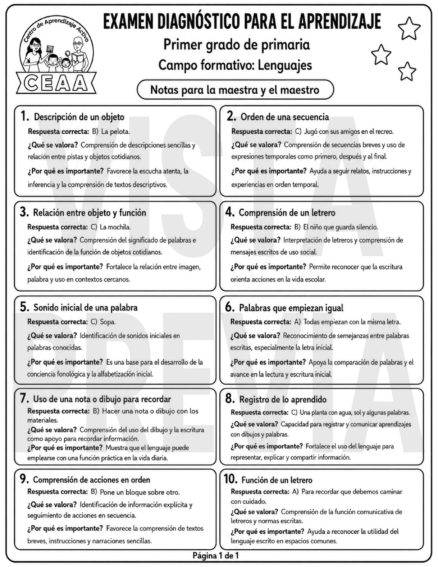 Examen Diagnóstico 1° Grado de Primaria