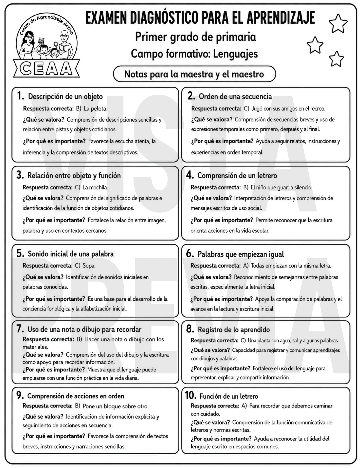 Examen Diagnóstico 1° Grado de Primaria en PDF