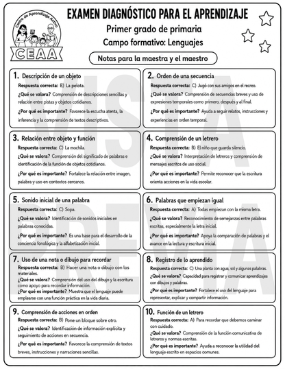 Examen Diagnóstico 1° Grado de Primaria en PDF