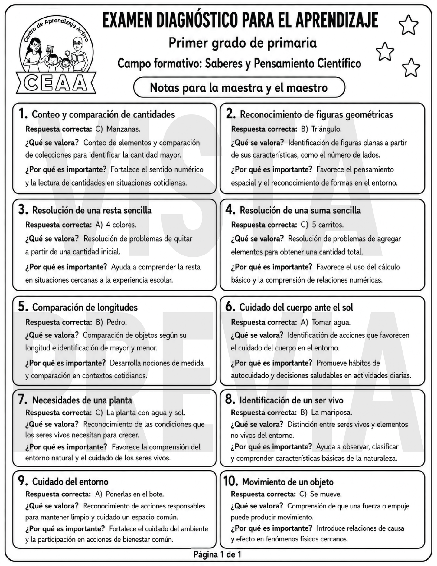 Examen Diagnóstico 1° Grado de Primaria