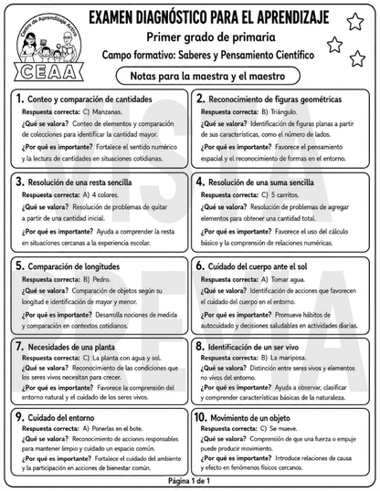 Examen Diagnóstico 1° Grado de Primaria