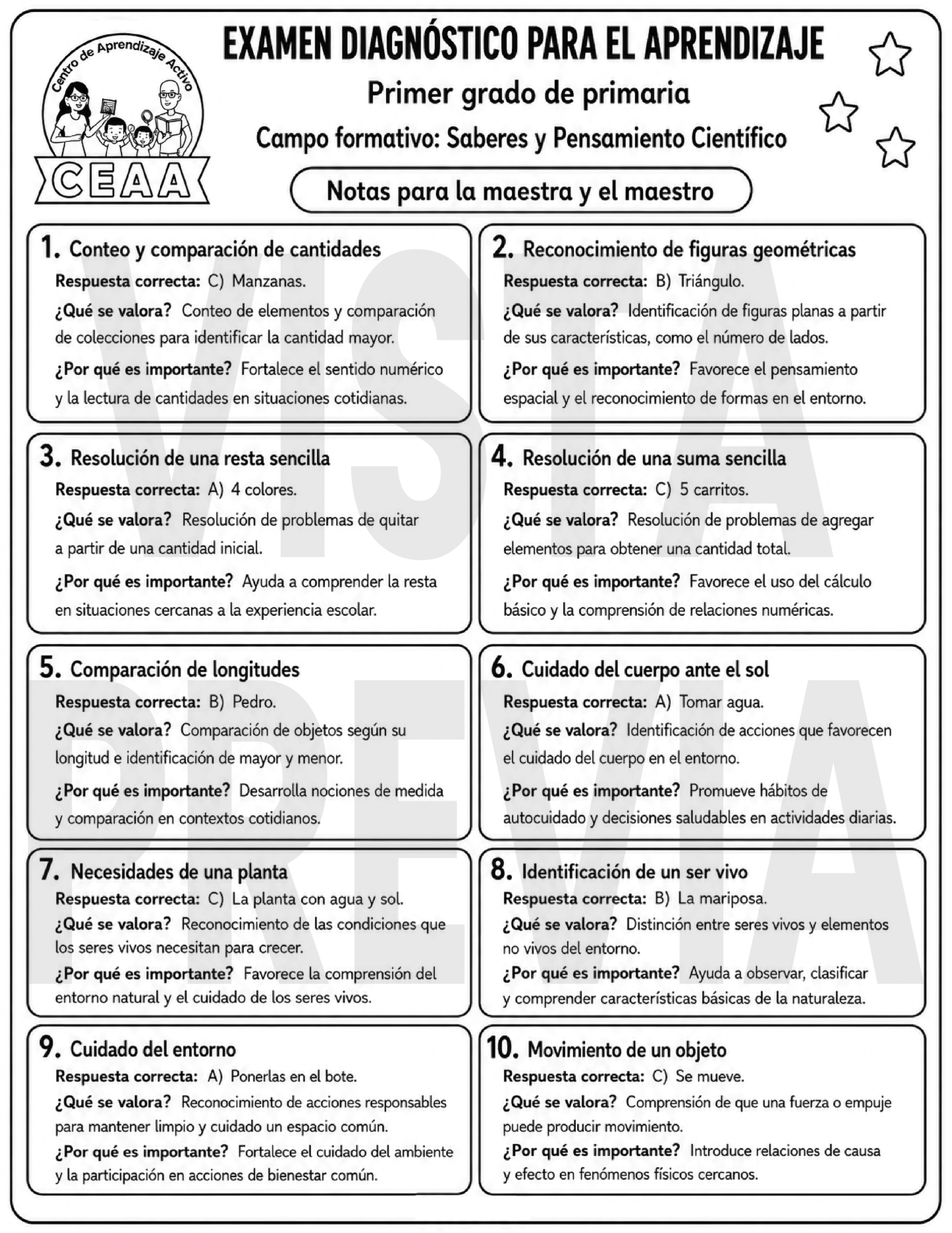 Examen Diagnóstico 1° Grado de Primaria en PDF