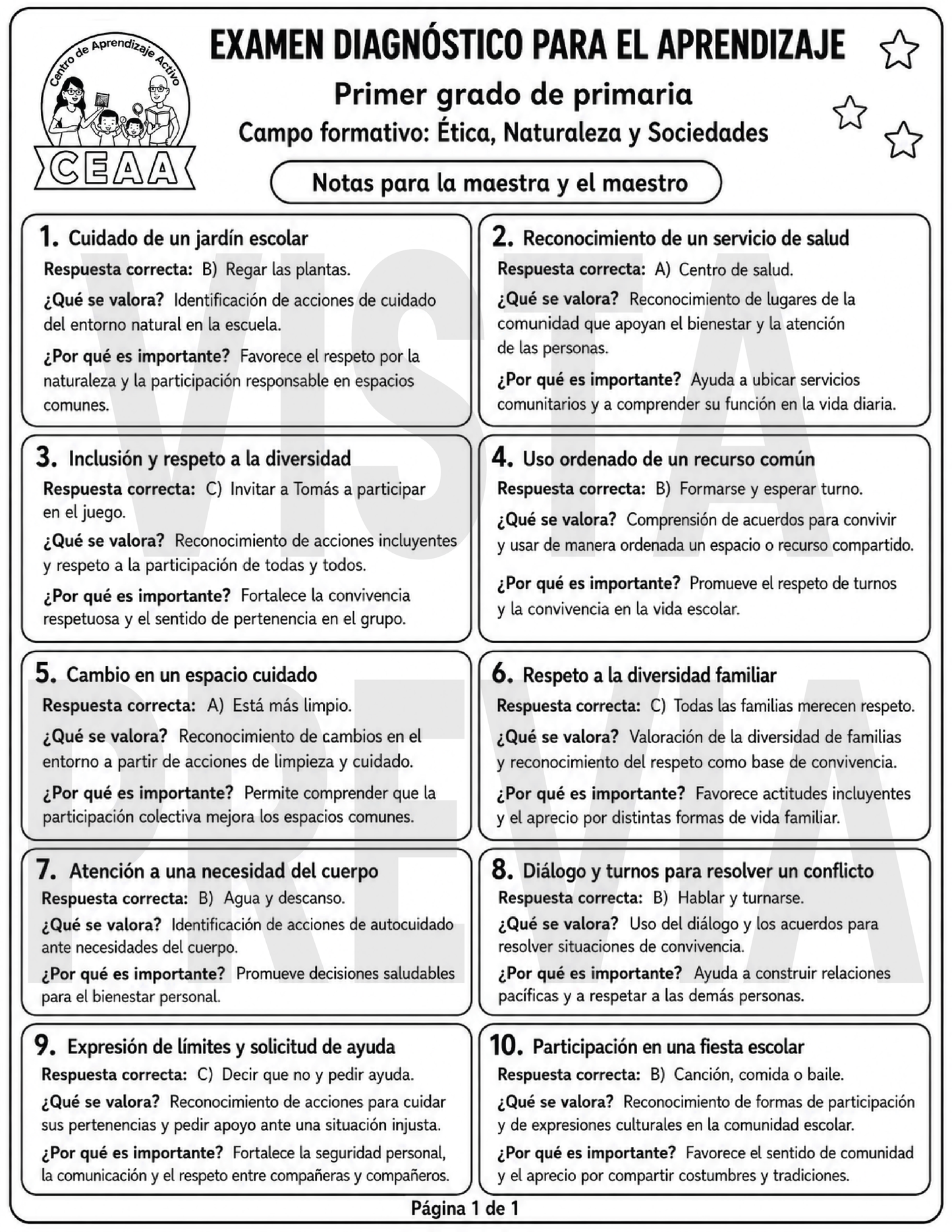 Examen Diagnóstico 1° Grado de Primaria