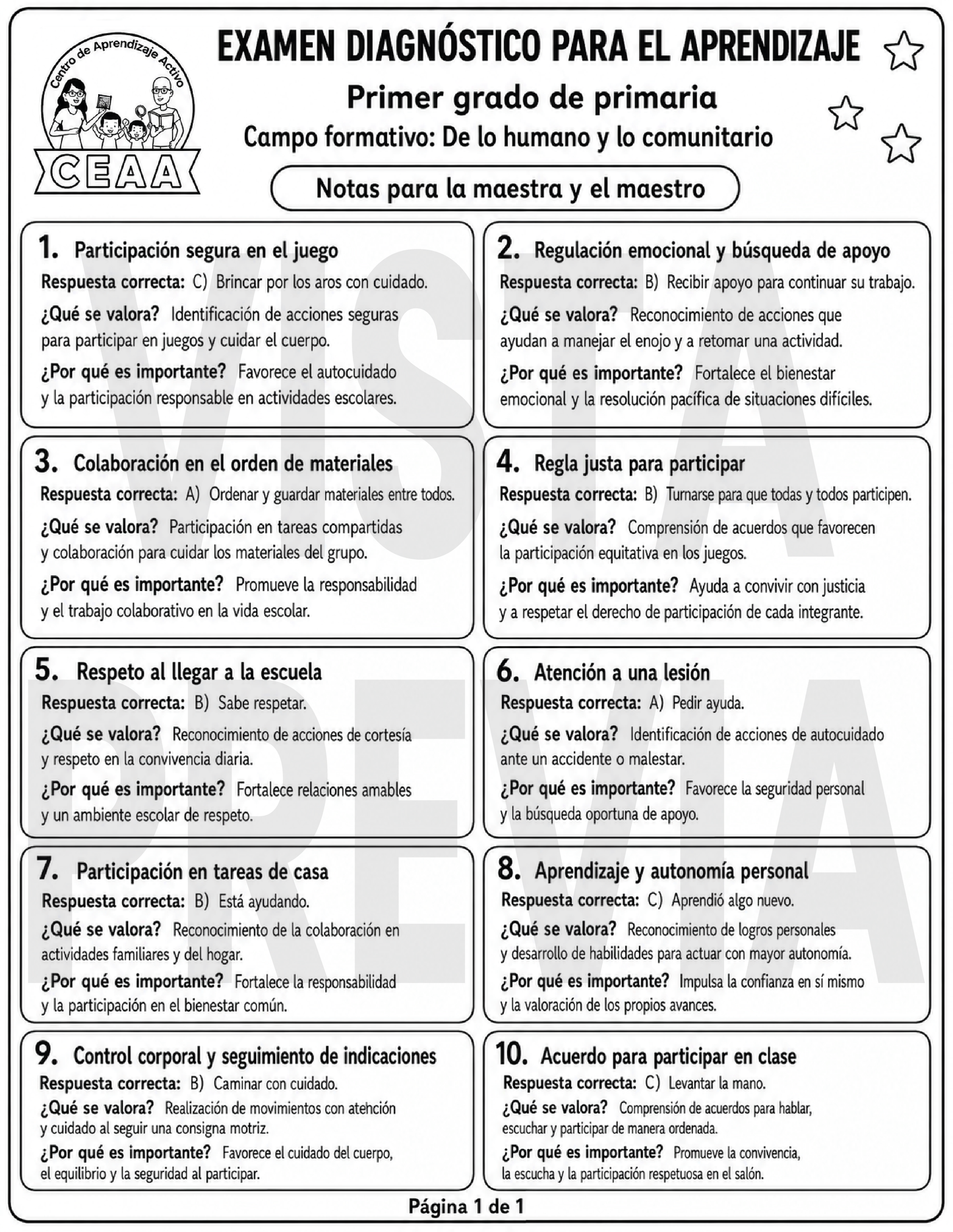 Examen Diagnóstico 1° Grado de Primaria