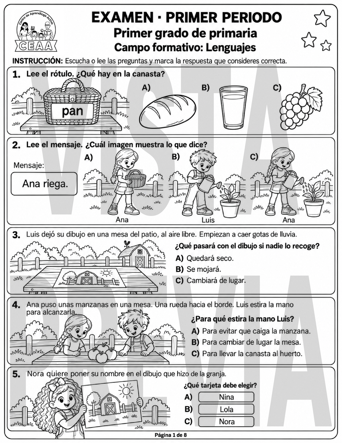 Examen 1er Grado de Primaria - Primer Periodo