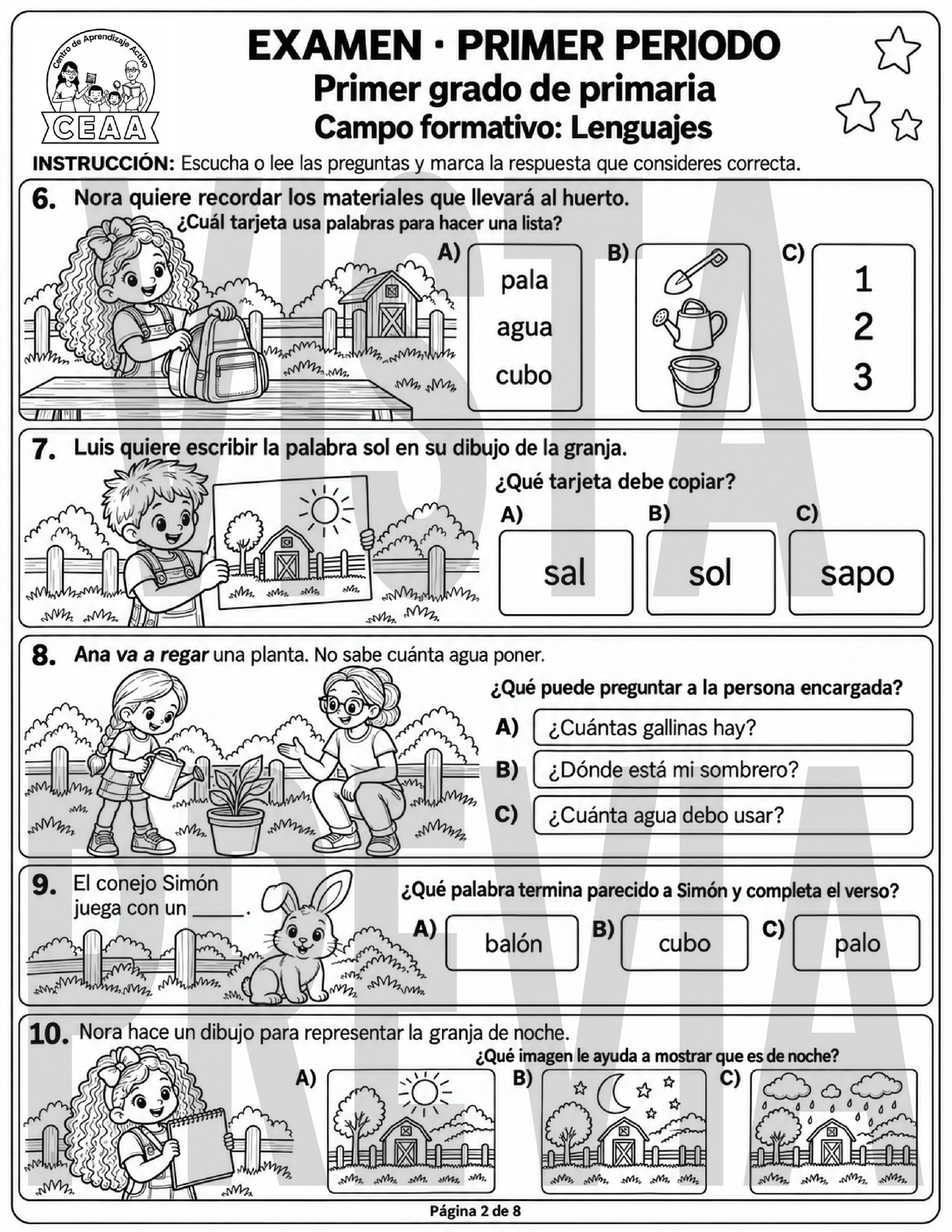Examen 1er Grado de Primaria - Primer Periodo