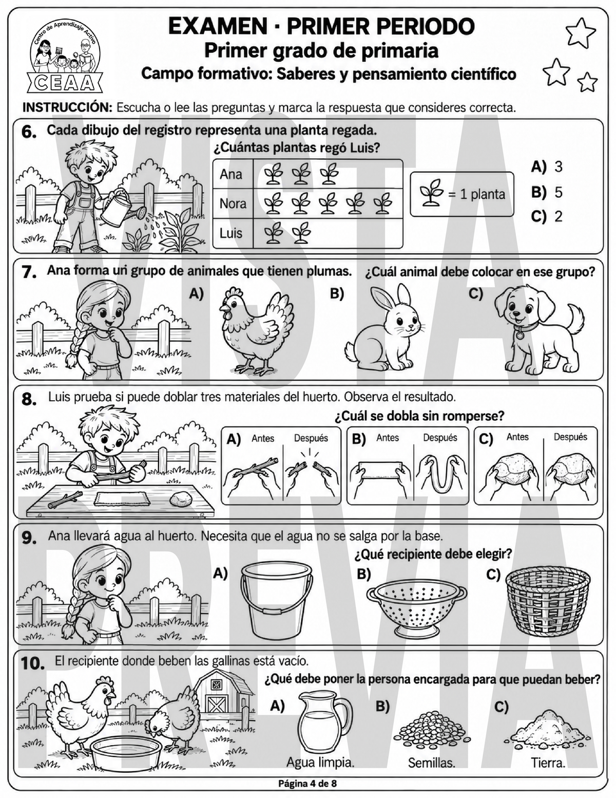 Examen 1er Grado de Primaria - Primer Periodo