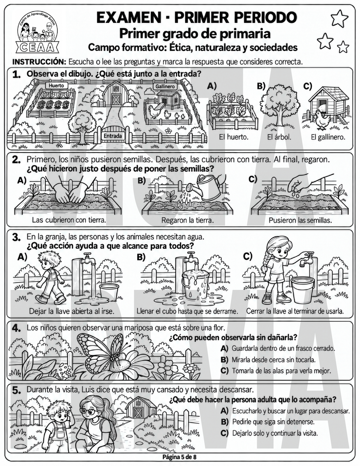 Examen 1er Grado de Primaria - Primer Periodo