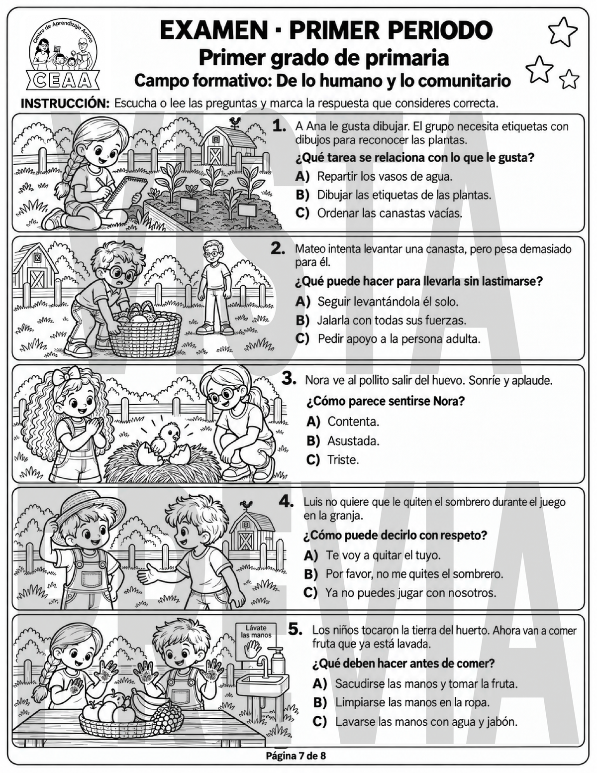Examen 1er Grado de Primaria - Primer Periodo