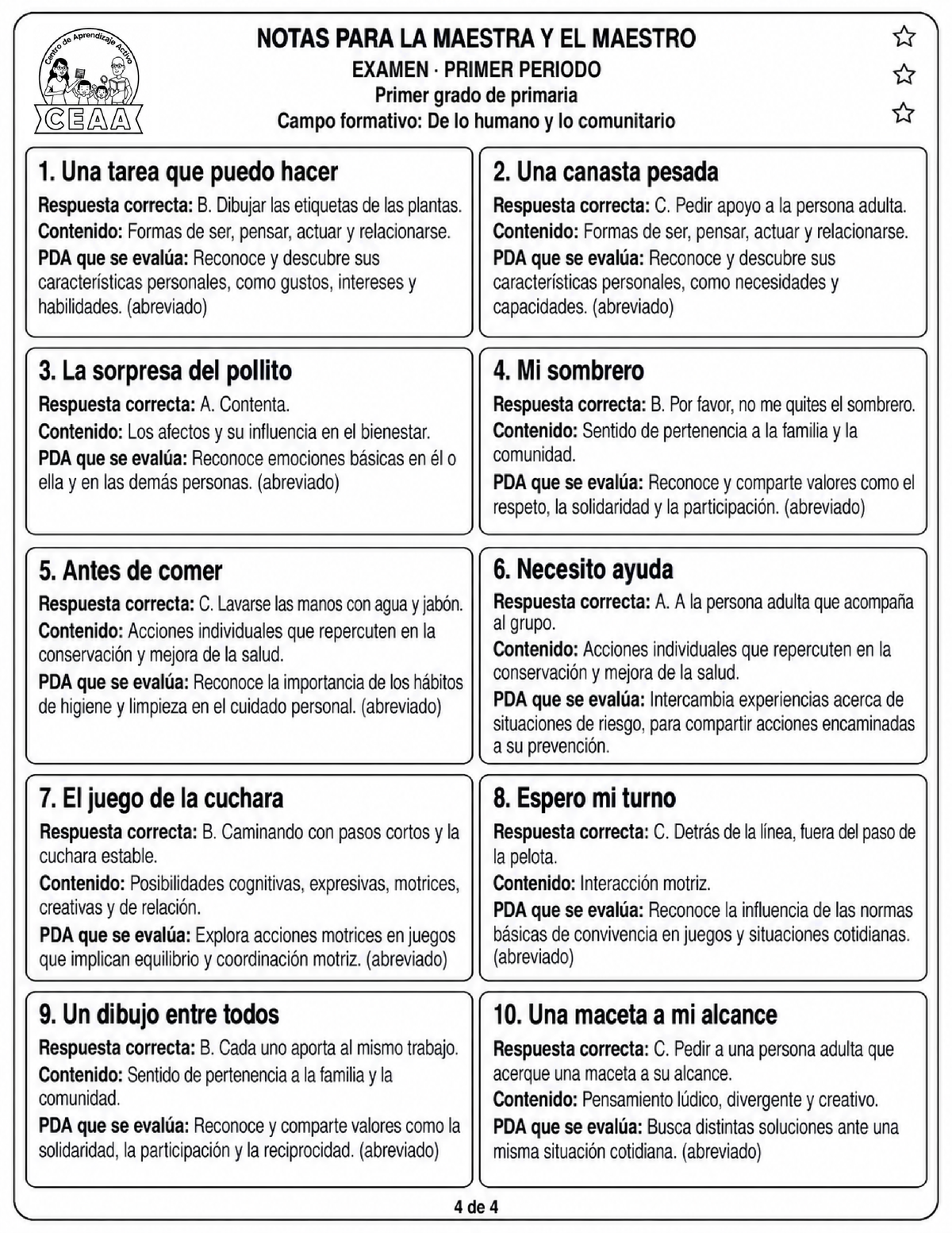 Examen 1er Grado de Primaria - Primer Periodo