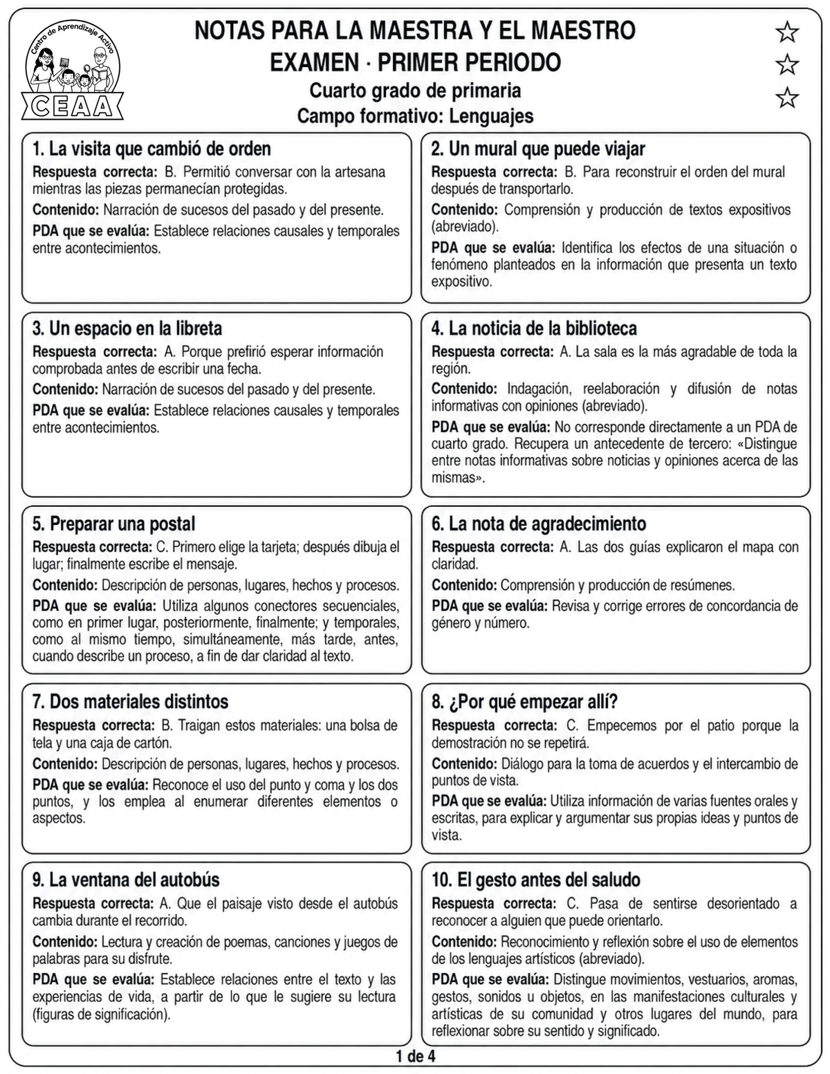 Examen 4to Grado de Primaria - Primer Periodo (Septiembre, Octubre, Noviembre)