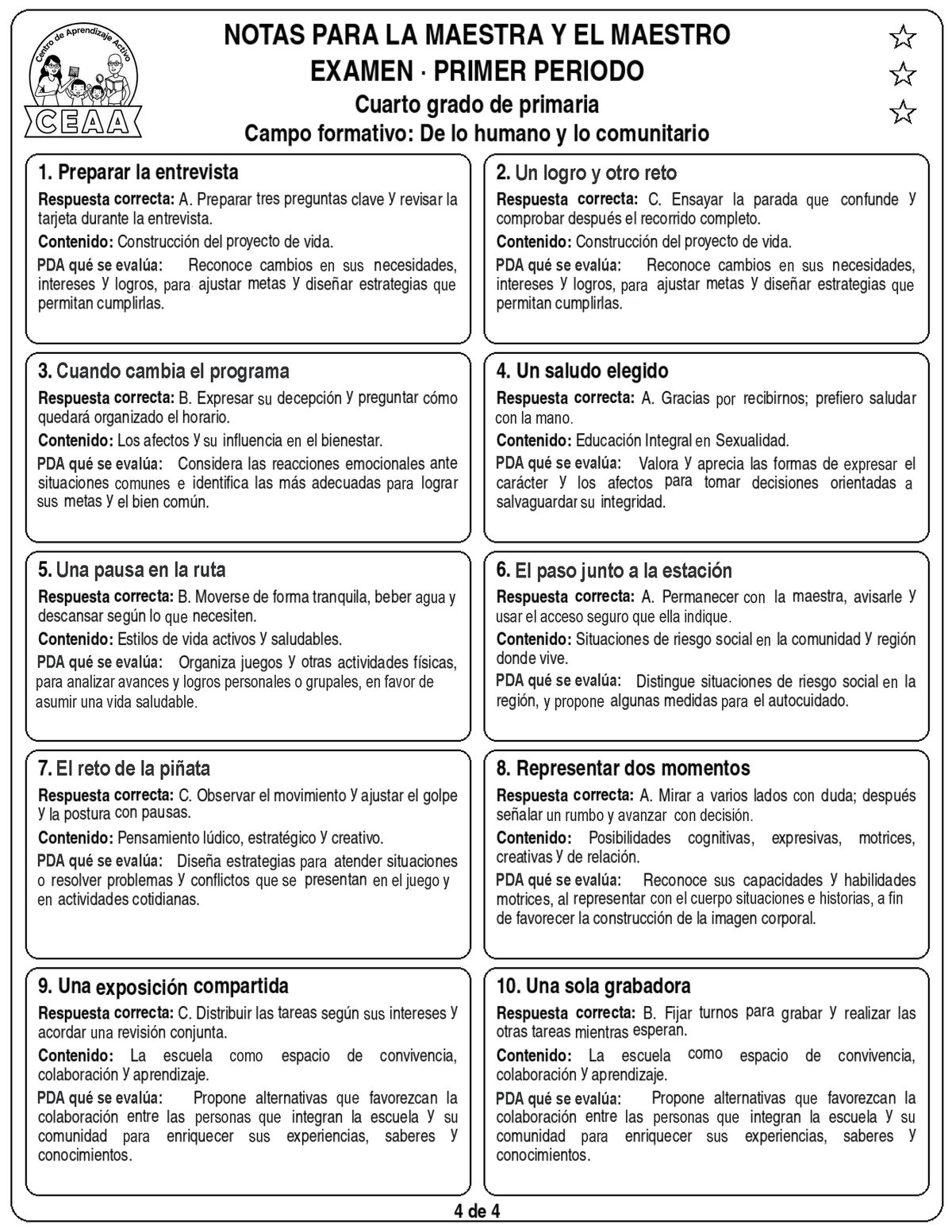 Examen 4to Grado de Primaria - Primer Periodo (Septiembre, Octubre, Noviembre)