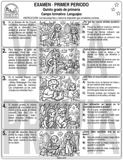 Examen 5to Grado de Primaria - Primer Periodo (Septiembre, Octubre, Noviembre)