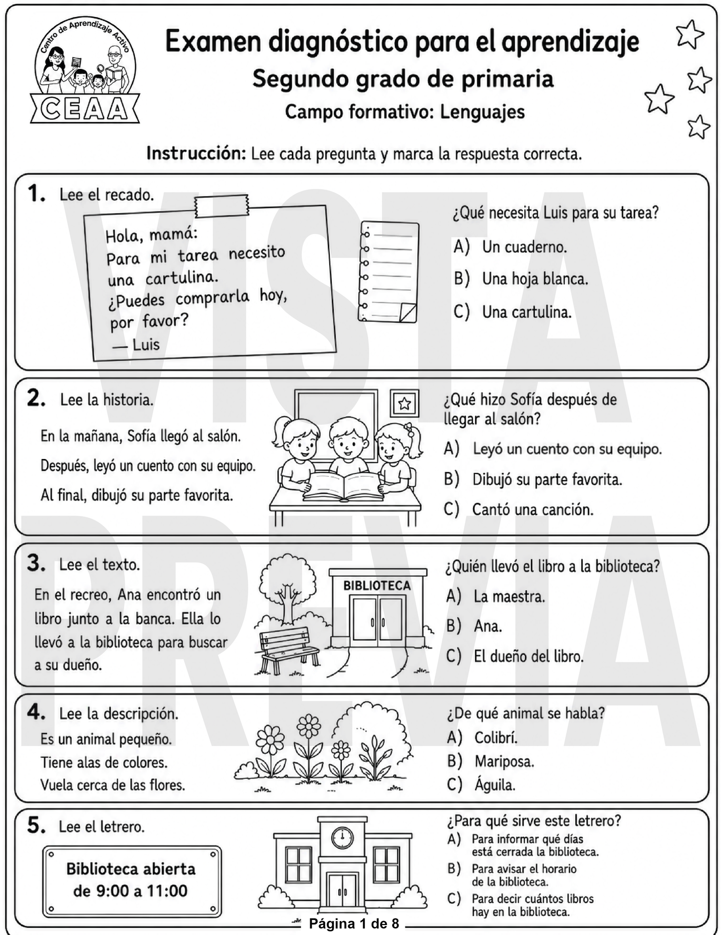 Examen Diagnóstico 2° Grado de Primaria en PDF
