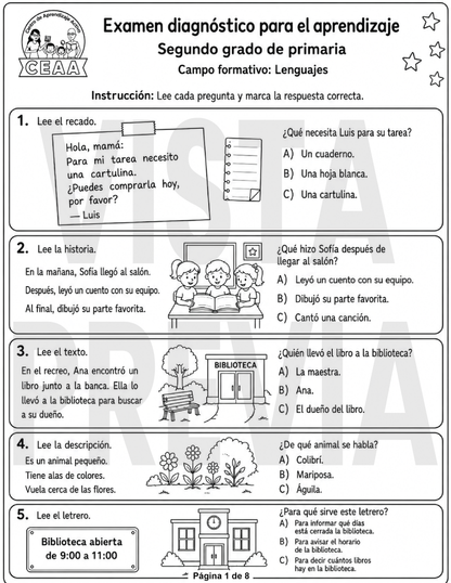 Examen Diagnóstico 2° Grado de Primaria en PDF