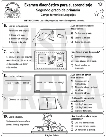 Examen Diagnóstico 2° Grado de Primaria en PDF