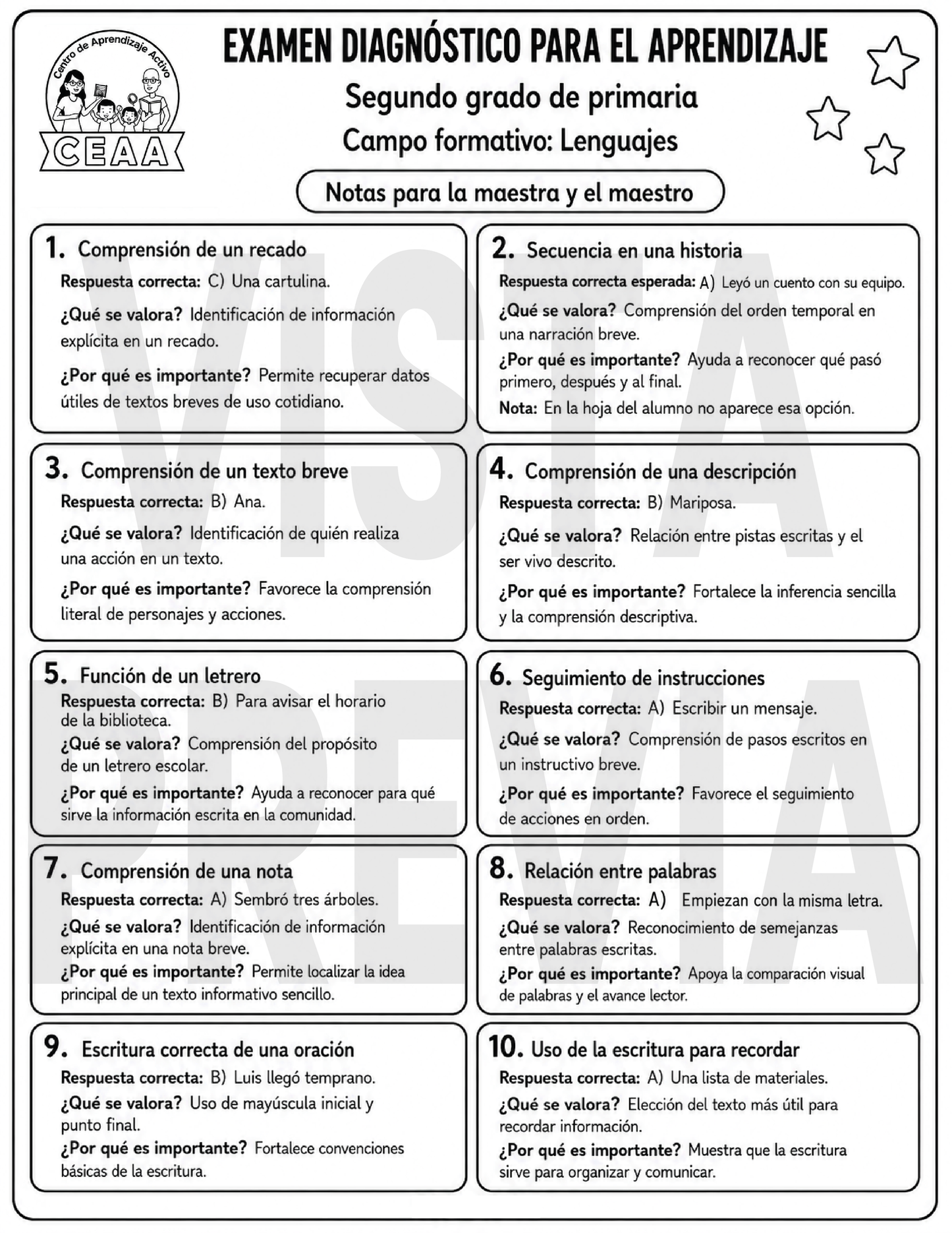 Examen Diagnóstico 2° Grado de Primaria en PDF