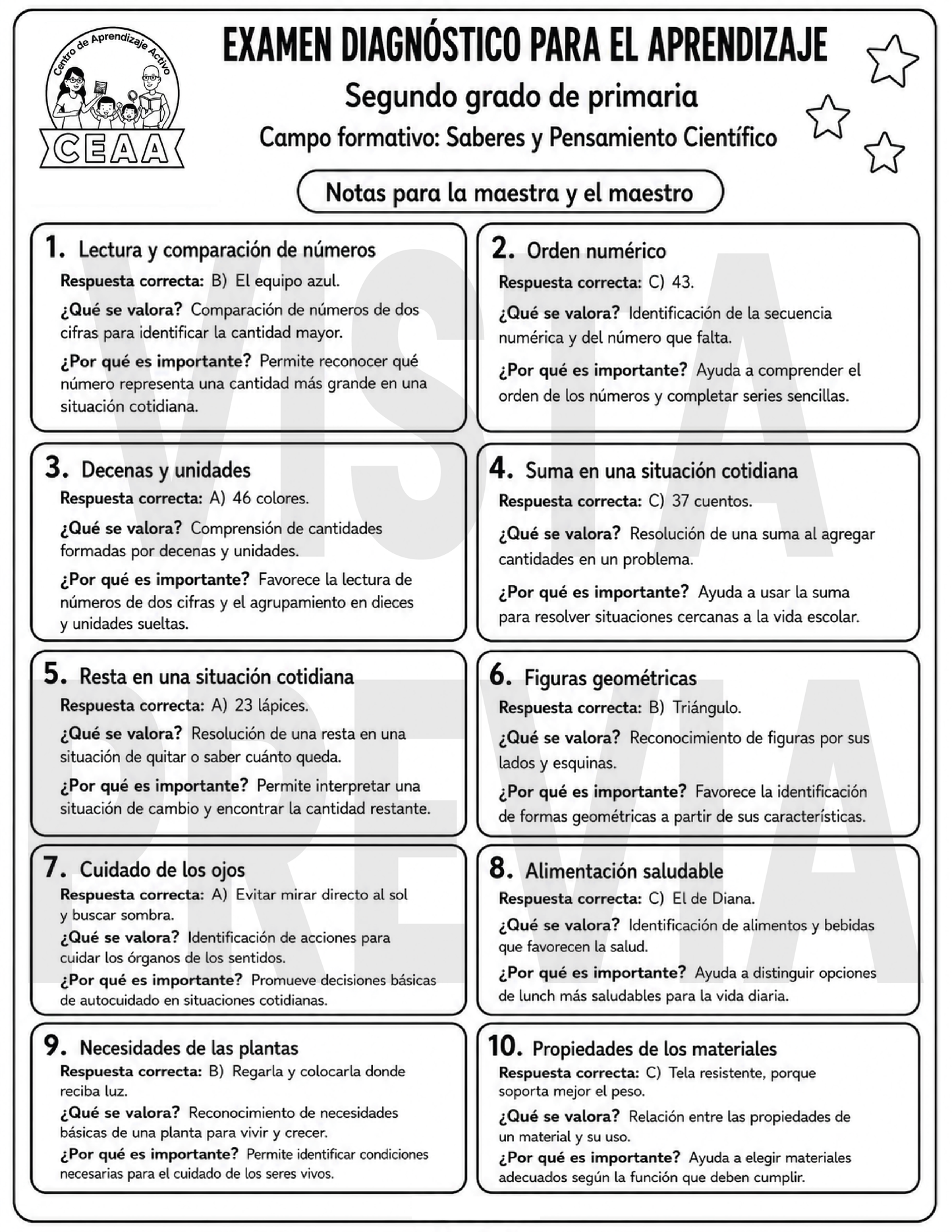 Examen Diagnóstico 2° Grado de Primaria en PDF