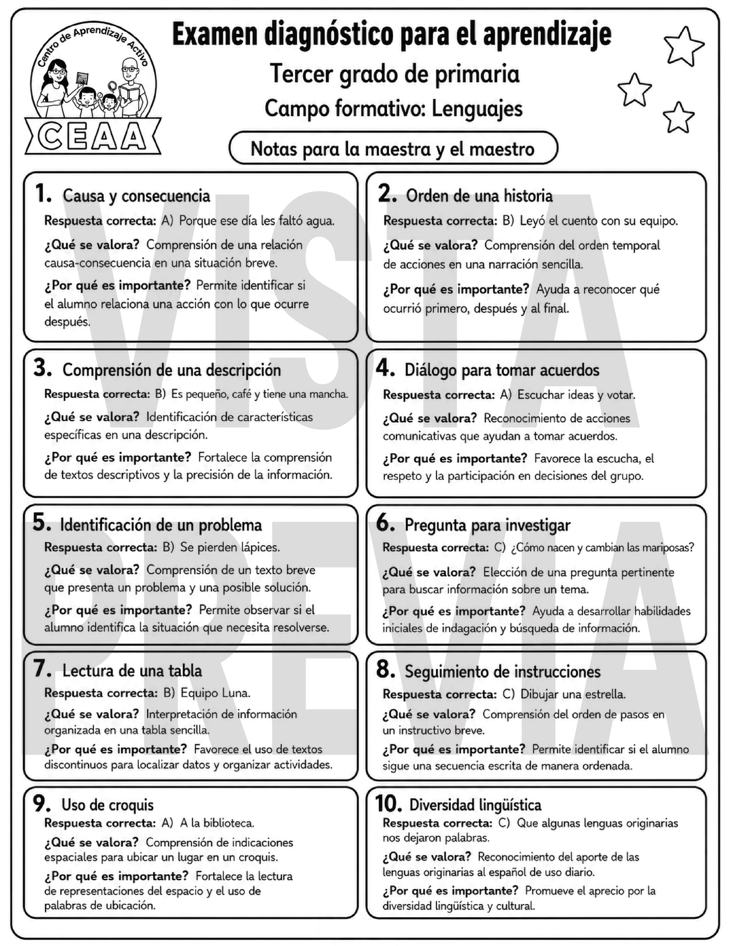 Examen Diagnóstico 3° Grado de Primaria