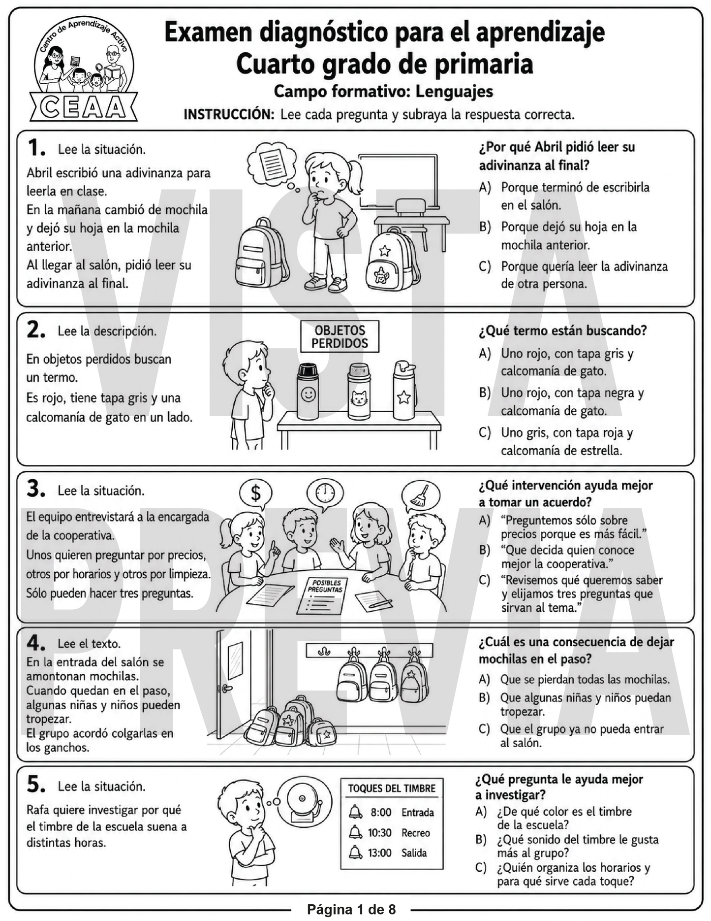 Examen Diagnóstico 4° Grado de Primaria en PDF