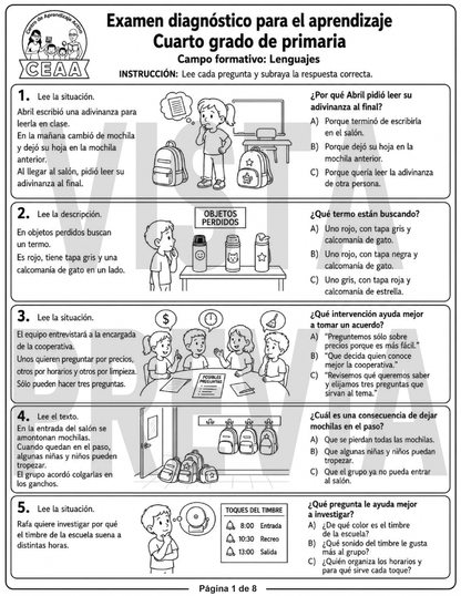 Examen Diagnóstico 4° Grado de Primaria en PDF