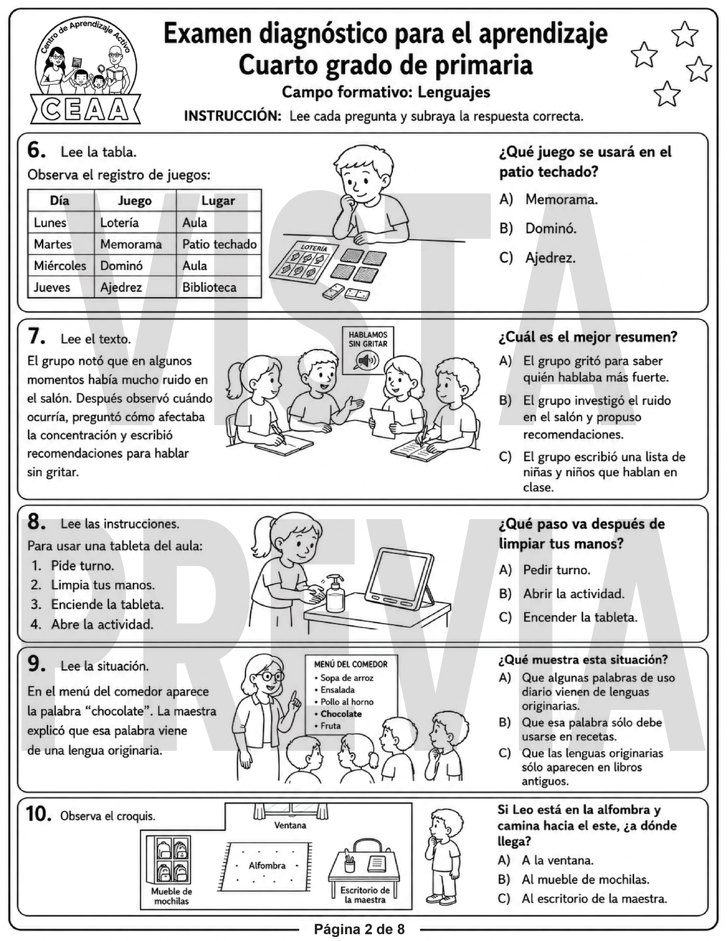 Examen Diagnóstico 4° Grado de Primaria en PDF
