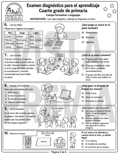 Examen Diagnóstico 4° Grado de Primaria en PDF