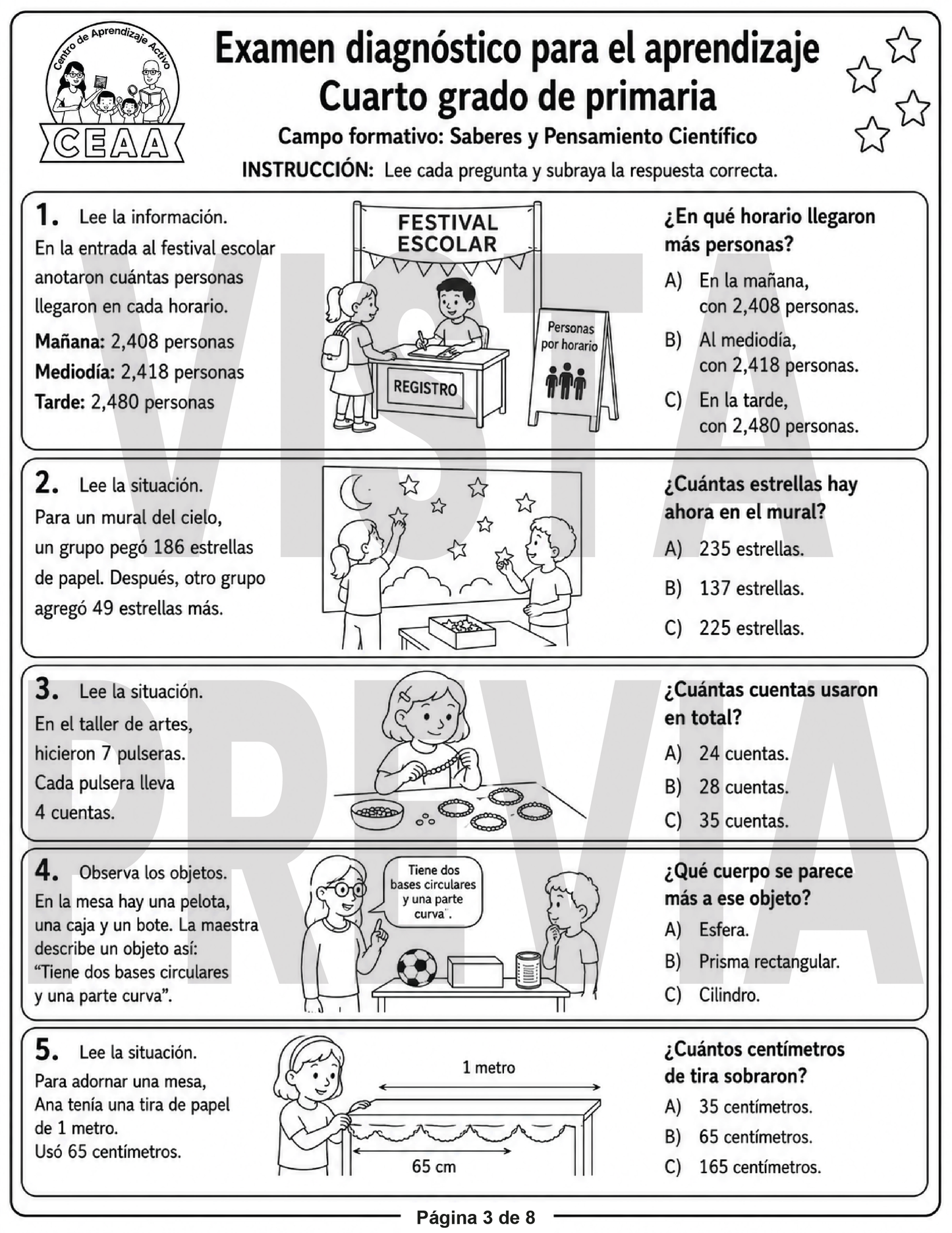 Examen Diagnóstico 4° Grado de Primaria en PDF