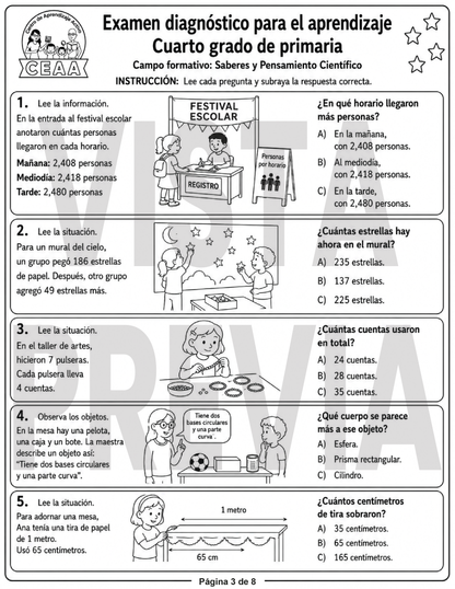 Examen Diagnóstico 4° Grado de Primaria en PDF