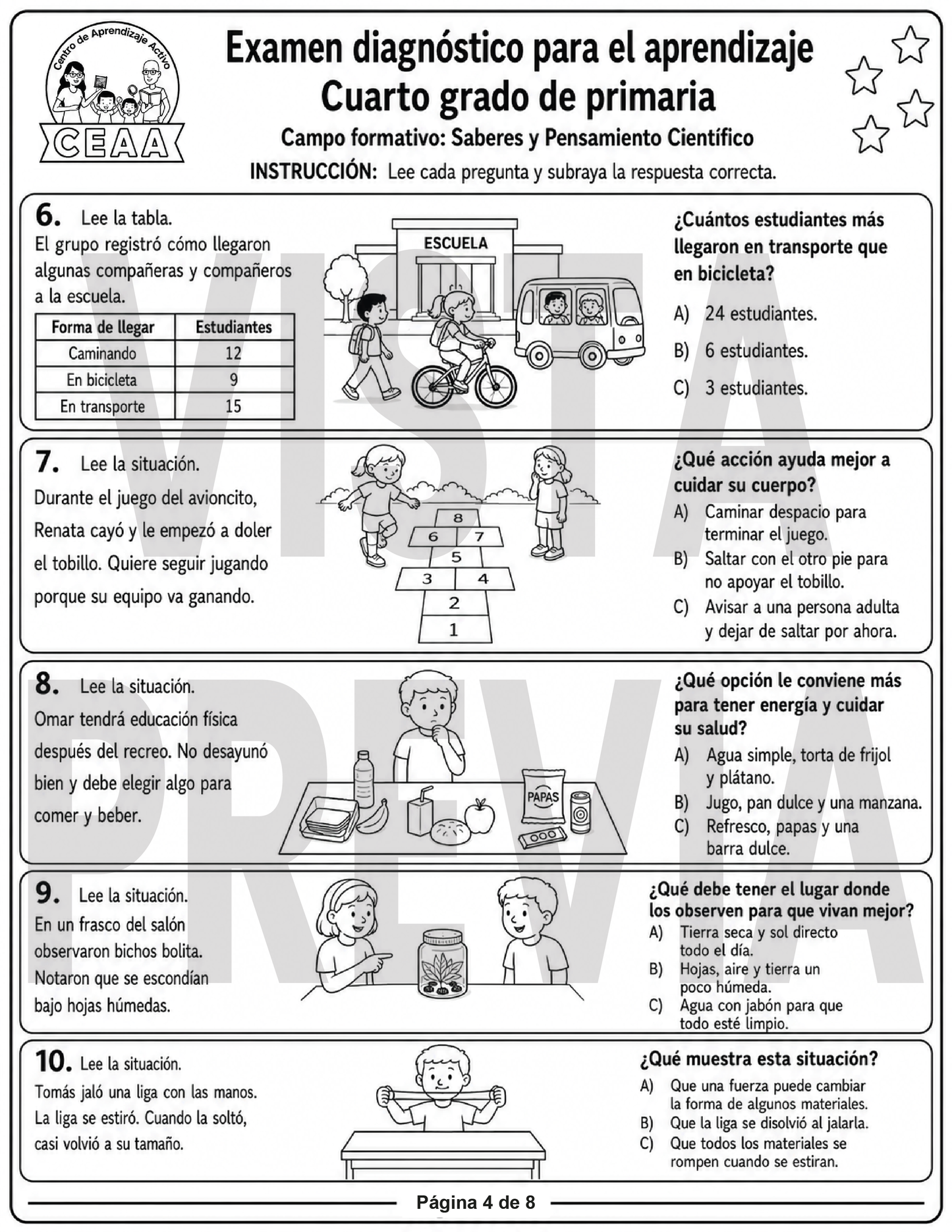 Examen Diagnóstico 4° Grado de Primaria en PDF