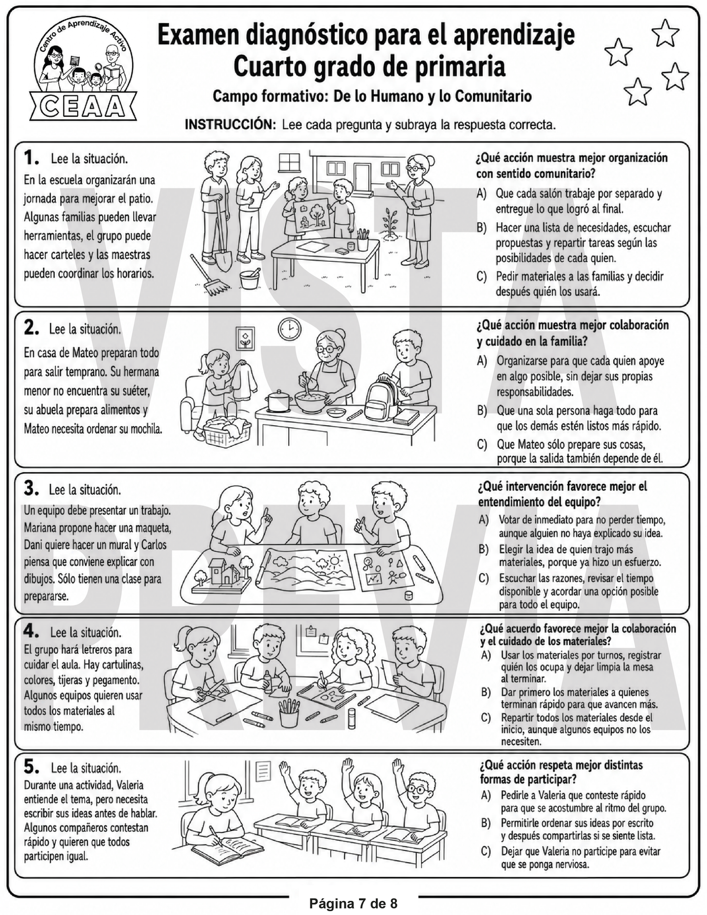 Examen Diagnóstico 4° Grado de Primaria en PDF