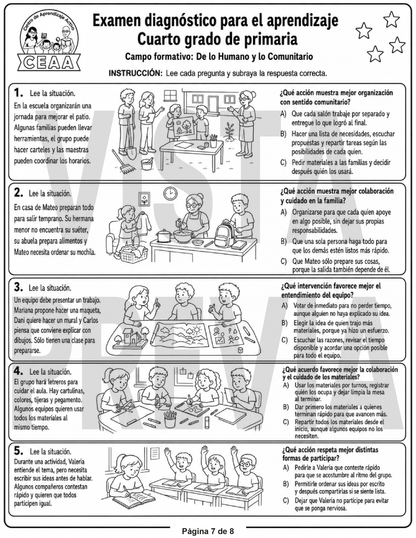 Examen Diagnóstico 4° Grado de Primaria en PDF