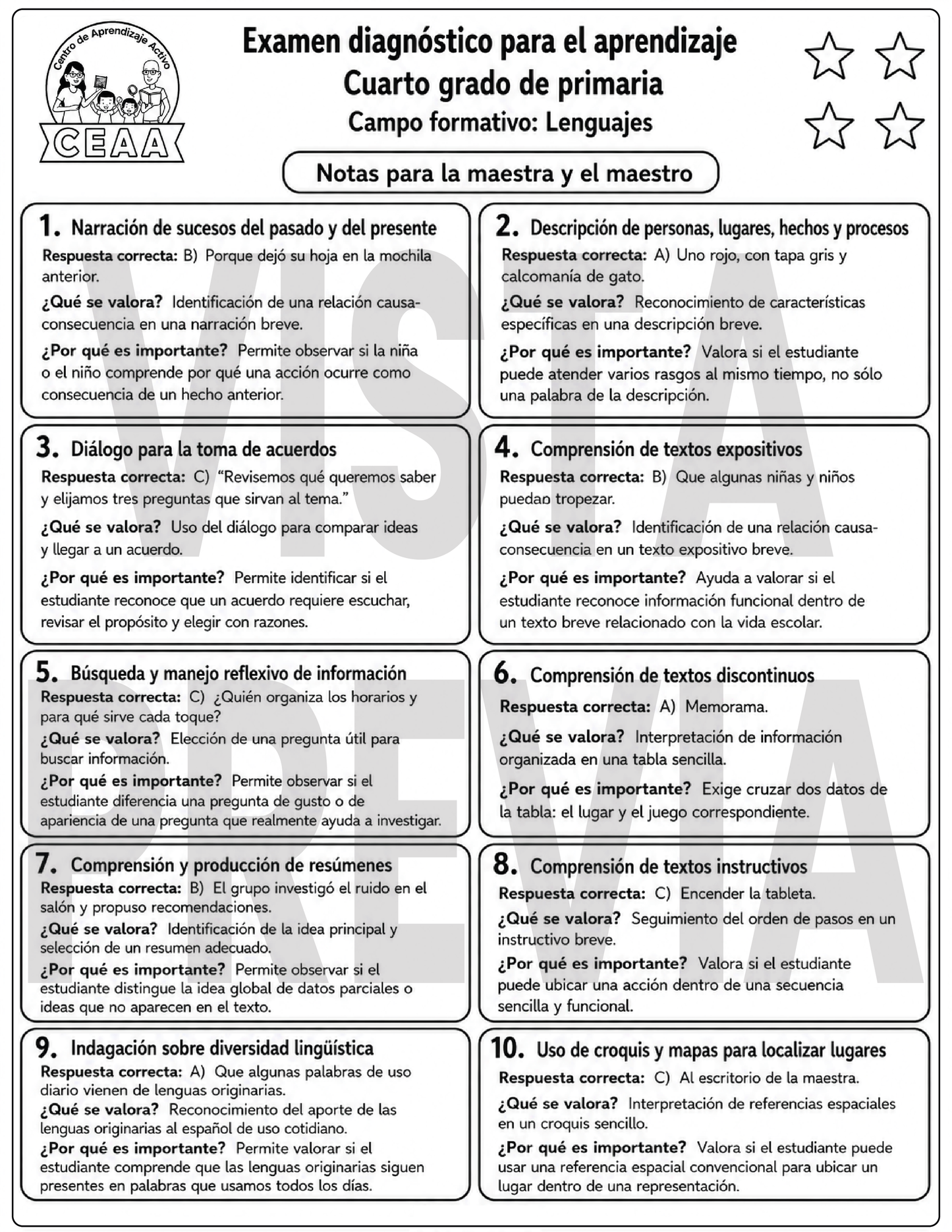 Examen Diagnóstico 4° Grado de Primaria en PDF